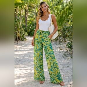 Sauvage 100% Silk Wide Leg Pants Green Yellow Swirl Resort Small